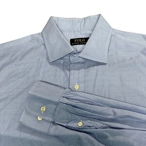 Polo Ralph Lauren Mens 17.5 Blue White Windowpane Plaid Cotton Button Down